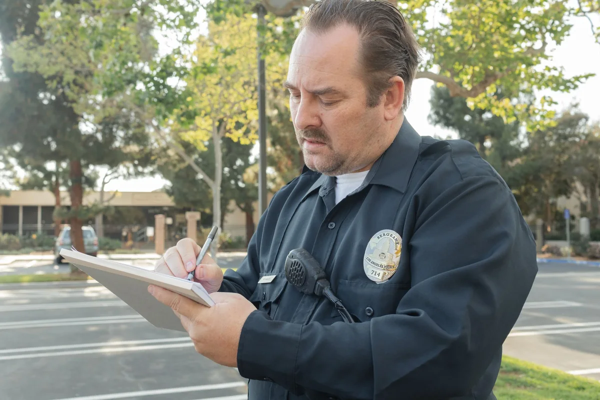 Police officer writing a report by hand on a clipboard at a scene