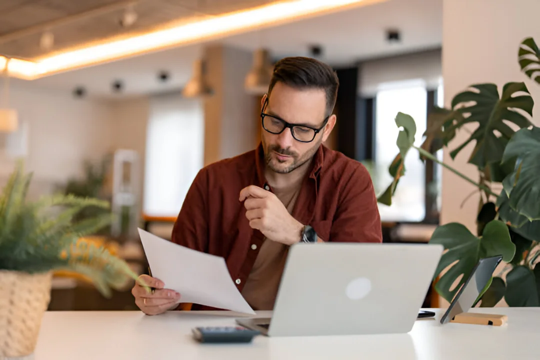 Consultant reviewing a printed document beside his laptop