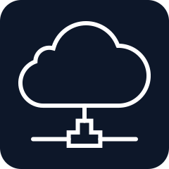 White cloud connected to networked devices icon on a navy background.