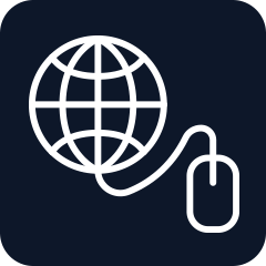 White globe connected to a computer mouse icon on a navy background.
