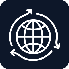 White globe with orbiting arrows icon on a navy background.