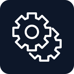 White interlocking gears icon on a navy background.
