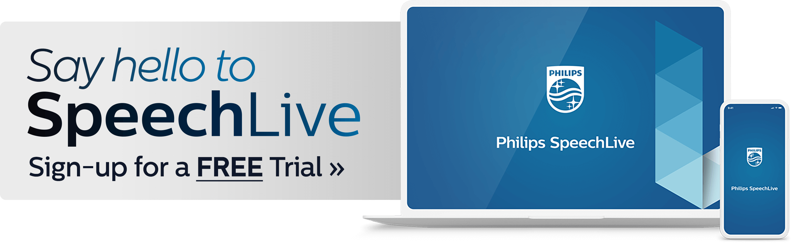 Say hello to SpeechLive – sign up for a free trial. A laptop and smartphone displaying the Philips SpeechLive app.