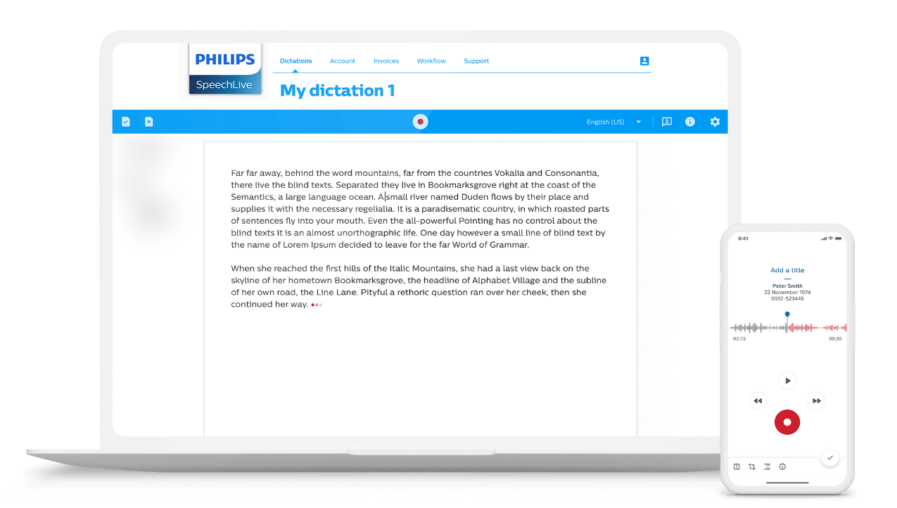 Laptop showing a dictation transcribed in Philips SpeechLive beside a smartphone running the SpeechLive recorder app.