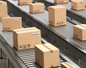 cardboard boxes on conveyor roller