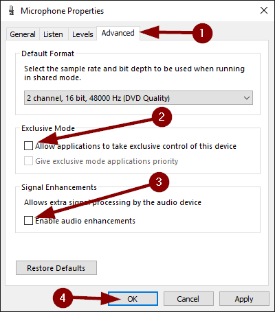 Uncheck exclusive mode and signal enhancements checkboxes