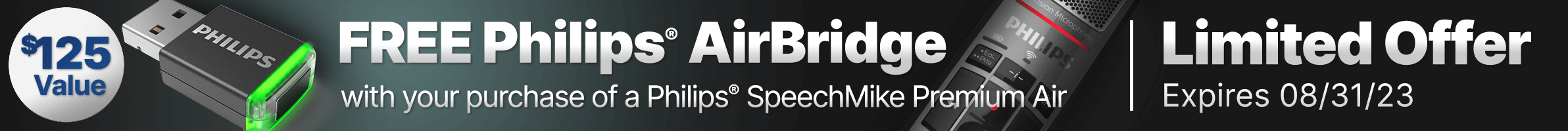 Limited offer, free AirBridge with SpeechMike Air purchase by 8/31/23