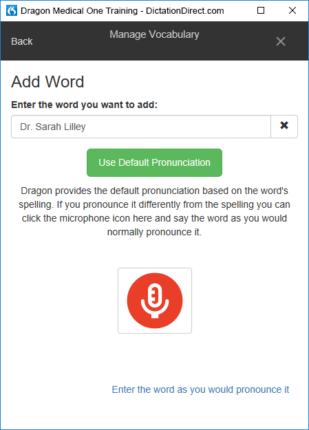 Dragon Medical One Add Word to Vocabulary box