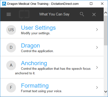 Dragon Medical One voice commands list