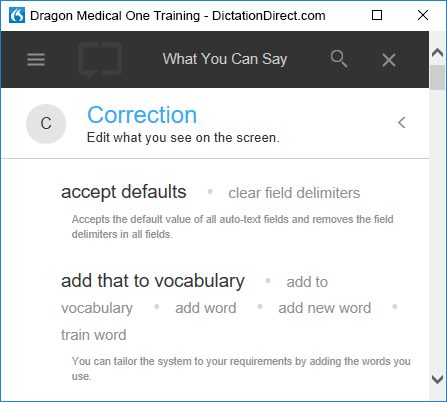 Dragon Medical One Correction voice commands