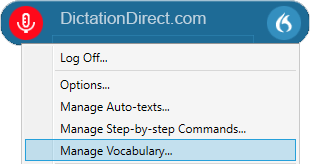 Dragon Medical One Manage Vocabulary Dragon Medical One Manage Vocabulary menu