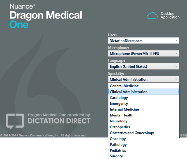 Dragon Medical One specialty list