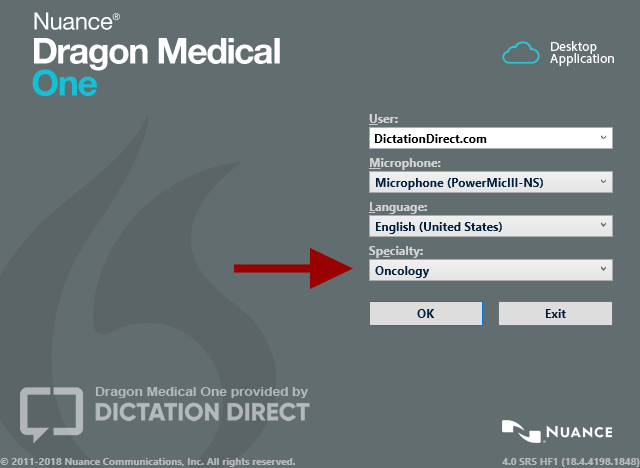 Dragon Medical One login specialty selection Dragon Medical One login screen with options