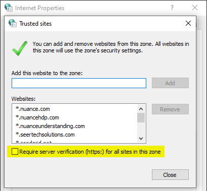 trusted sites dialog with additional Dragon connection URLs added
