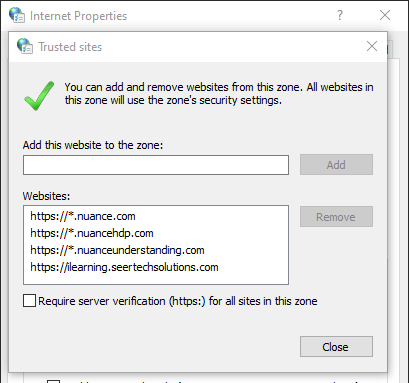 trusted sites dialog with Dragon connection URLs added